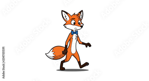 Εκτύπωση καμβά Cartoon Fox Wearing Blue Bowtie Walking.