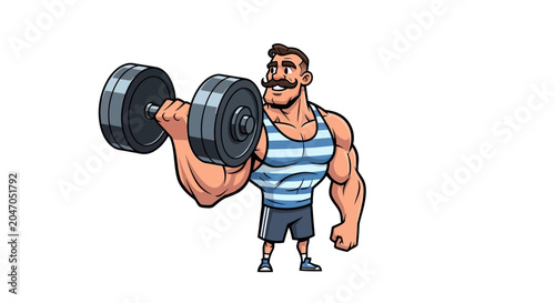 Muscular man lifting heavy dumbbell weight.