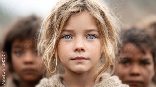 Portrait of a young girl with striking blue eyes and blonde hair