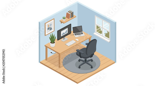 Isometric Minimalist Home Office Workspace with Computer and Laptop