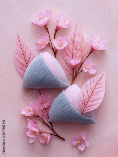 Overhead view of Japanese sakura mochi wrapped in pink leaf on a pastel background, symbolizing springtime delicacies.