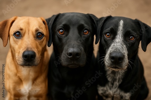 Close-up portrait of three mixed-breed dogs huddled together, showcasing unity and companionship. Each dog has distinct features and coat colors, symbolizing warmth, resilience, and the strong bond be