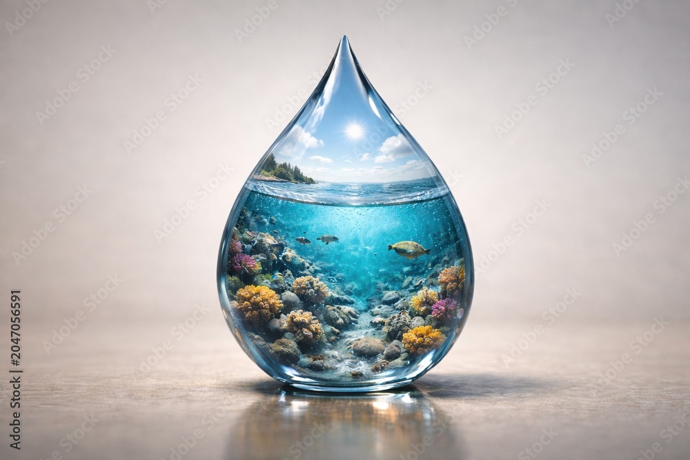 Fototapeta premium Glass-like water droplet containing a vibrant ocean world with colorful coral reef and marine life, highlighting ocean beauty, biodiversity and the importance of marine conservation.