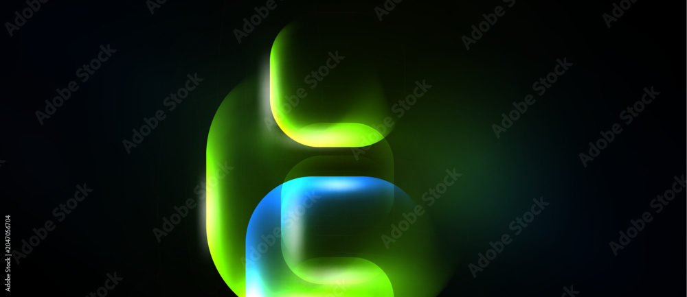 Naklejka premium Abstract neon letter. Bright green, blue hues blend into dark background. Modern design, fluid shapes create visual interest.