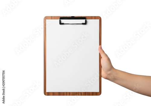 Hand holding a clipboard with blank paper