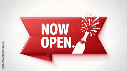 Red ribbon banner with white text NOWOPEN and champagne bottle splash now open