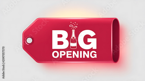 Red tag with Big Opening text and champagne bottle illustration sale promotion
