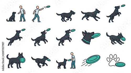 Dog Playing with Frisbee Sequence Illustration
