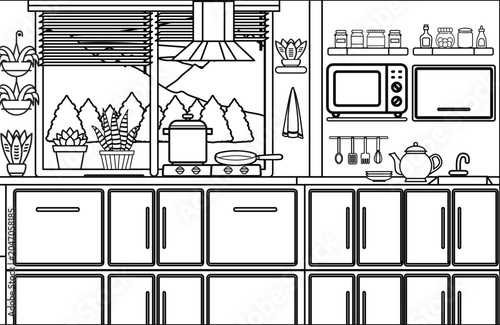 Coloring page on the theme of the kitchen interior. Home Kitchen Coloring Book For Adults And Children. 