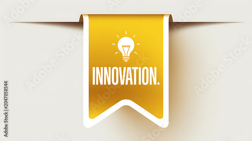 Yellow bookmark with lightbulb and innovation text on white background idea