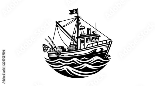 Bild auf Leinwand Black and white fishing boat vessel.
