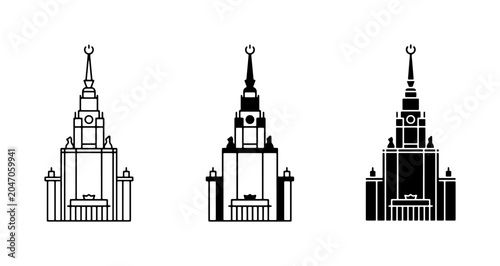 Stalinist Skyscraper Icons, Moscow Architecture Vector Set, Landmark Building Silhouettes