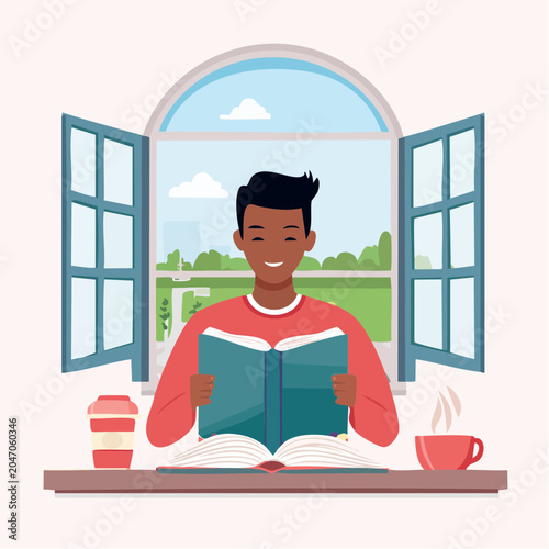 Man reading a book by the window with coffee