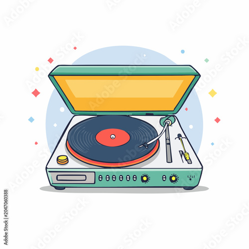 Retro turntable with vinyl record playing music