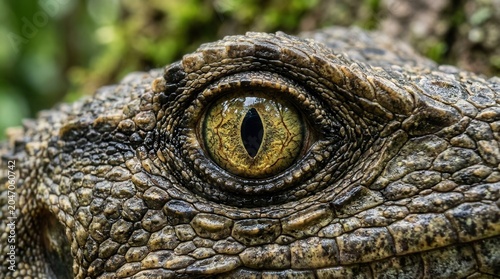 Close up of a crocodiles eye with intricate scales and reptilian texture.