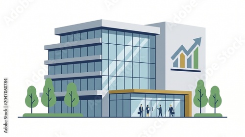 Modern Glass Office Building with Greenery and Upward Trend Graph Symbolizing Business Growth and Success