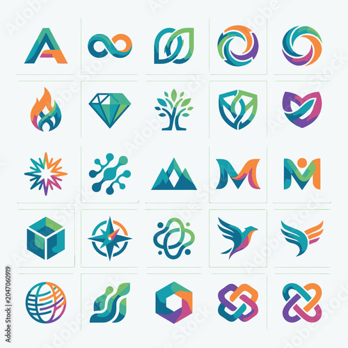 Foto Collection of colorful abstract geometric shapes.