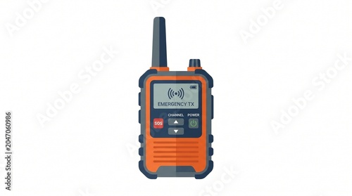An orange and gray walkie-talkie communication device with an antenna and a screen displaying 'EMERGENCY TX' on a white background