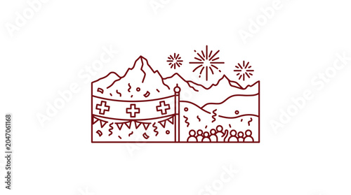 Billede på lærred Line art illustration of a Swiss national day celebration with mountains and fireworks