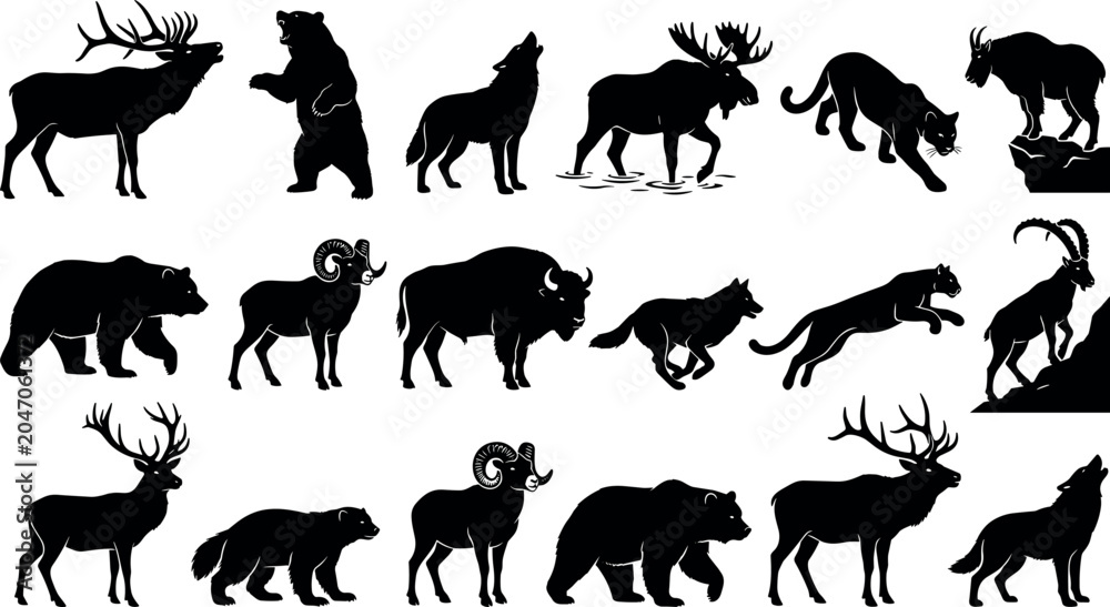 Fototapeta premium Wild Animal Silhouette Icon Set Featuring Bears Wolves Deer and Forest Wildlife for Nature Graphic Design ElementsWild Animal Silhouette Icon Set Featuring Bears Wolves Deer and Forest Wildlife for Na