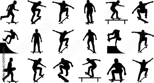 Billede på lærred Skateboarder Silhouette Icon Set Featuring Skaters Performing Tricks Jumps and R