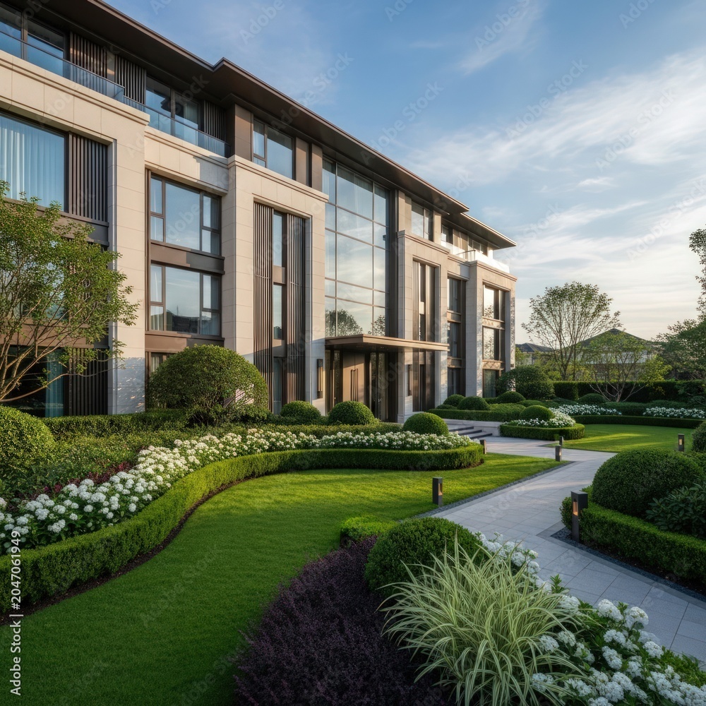 Fototapeta premium Modern luxury apartment building with beautiful landscaped gardens at sunset.
