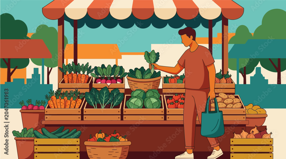 Obraz premium Flat vector illustration of a man with a reusable bag buying fresh organic vegetables at an outdoor farmers market stall with crates of carrots, cabbage, tomatoes, and leafy greens.
