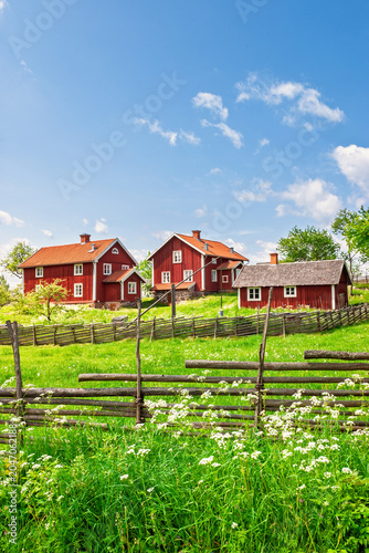 Scandinavian red wooden houses on a summer sunny day in the countryside