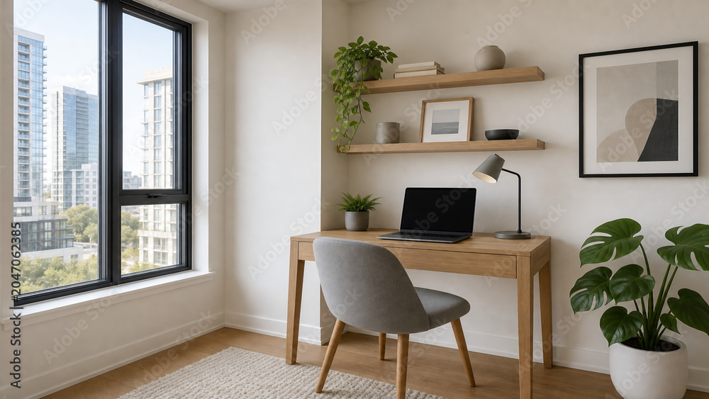 Fototapeta premium Compact home office nook beside large window