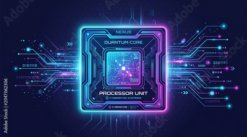 Vibrant Abstract Illustration of a Futuristic Processor Unit with Glowing Circuits, Symbolizing Advanced Computing, Data Flow, and Next-Generation Digital Innovation