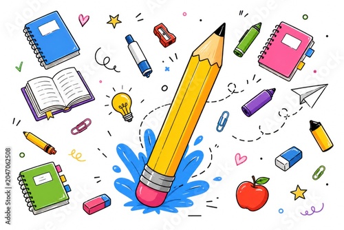 Hand drawn back to school doodle illustrations with education elements, learning icons and copy space.