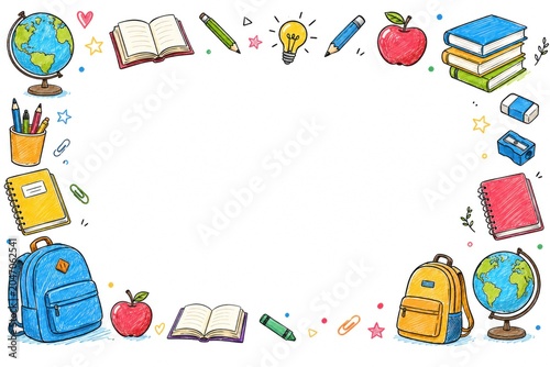 Hand drawn back to school doodle illustrations with education elements, learning icons and copy space.