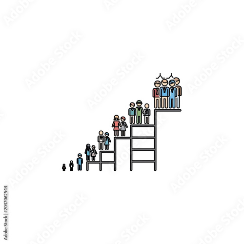 Diverse people standing on ladder representing aging and life stages