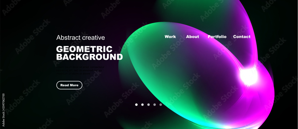 Naklejka premium Dark background features vibrant abstract shapes. Text highlights geometric design, navigation options present. Minimalist style.