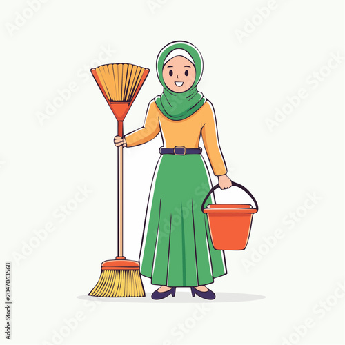 Woman in Hijab with Broom and Bucket