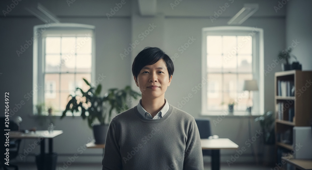 Fototapeta premium Asian professional standing confidently in a modern bright office workspace
