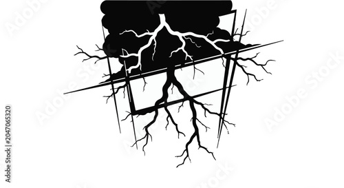 Lightning bolt striking from a dark storm cloud into a geometric frame represents the raw power of nature captured within an orderly structure, symbolizing the unpredictability of the environment.