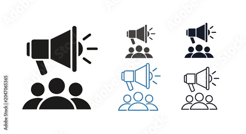 Stylized megaphone and crowd icon set representing public announcement and communication.