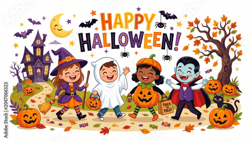 Happy Halloween banner with children in costumes