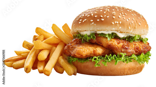 Crispy chicken burger with fresh lettuce and creamy sauce served alongside golden French fries, isolated on a white background.