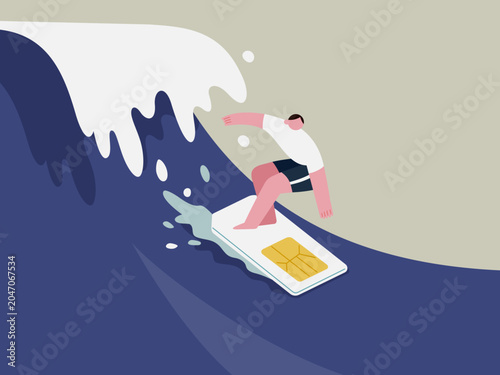 Surfing the Digital Wave: A person surfs on a SIM card shaped surfboard riding a large blue wave, symbolizing the power and connectivity of modern technology.