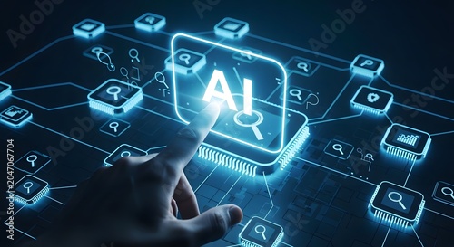 Artificial intelligence network concept with a hand touching a glowing ai button