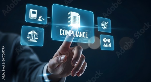 Compliance concept with legal icons and a hand touching a glowing button