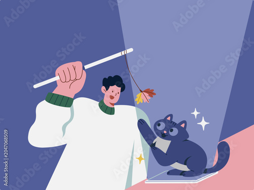 Playful Interaction: A person uses a wand toy to engage with a delighted cat, creating a scene of joyful companionship and shared amusement.