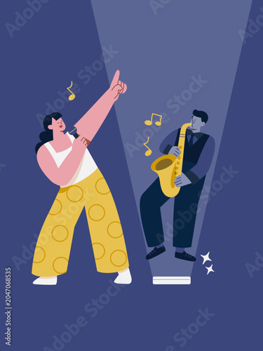 Musical Duo: A singer belts out a tune with passion while a saxophonist plays a soulful melody, illuminated by a spotlight, creating a captivating performance on stage.