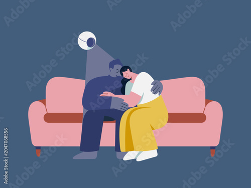 Emotional Surveillance: A couple finds solace on a sofa, unaware of a watchful surveillance camera monitoring their private moment, illustrating the pervasive nature of modern monitoring