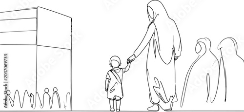 Tableau sur toile One line art umroh hajj family vector background with muslim mother and child at