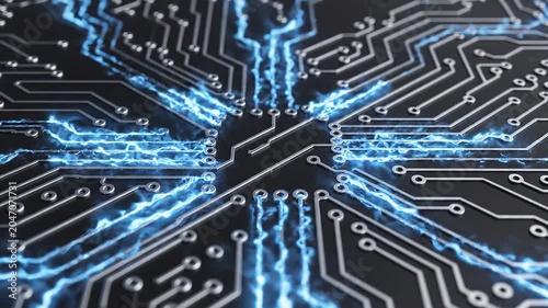 Digital circuit board background with glowing blue electricity energy flow technology electronic computer data