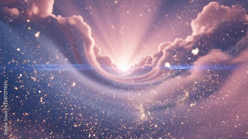 Ethereal abstract clouds with radiant sunset light and sparkling particles sky glow sparkle heavenly sun