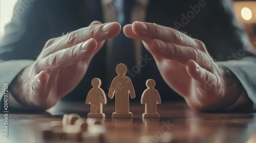 Businessman hands protecting a family represented by wooden figurines on a desk concept of insurance and security protection insurance security